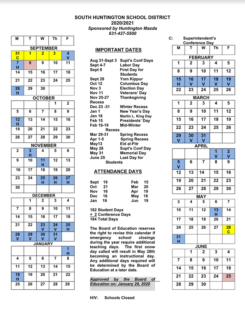 Calendar Grid for 2020/ 2021 School Year District